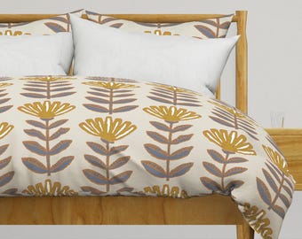 Modern Botanical Bedding - Gloria - Mustard Gold Earth Tones Scandi Style Floral Printed Duvet Cover OR Pillow Shams