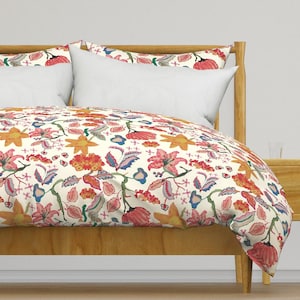 Colorful Chintz Florals Bedding - Whimsical Watercolor Flowers Cream Printed Duvet Cover OR Pillow Shams
