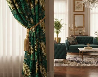 1920s Water Fountain Curtain - The Fountain - Maximalist Glamorous Palms Printed Custom Curtain Panel