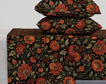 Bold Dark Red Floral Sheets - Black Background Vibrant Red and Orange Flowers Printed Cotton Sheet Set Bedding