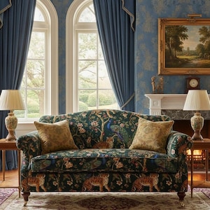 May include: A detailed shot of a living room with a floral patterned sofa, two decorative lamps, and a framed landscape painting. The sofa features a dark green background with tigers, peacocks, and floral designs. Two decorative pillows are on the sofa.