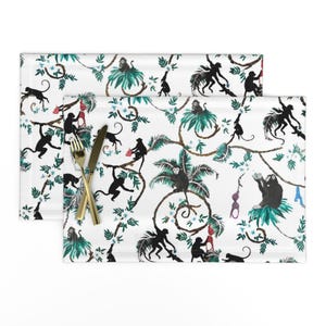 The Drink Monkey Placemats (Set of 2) - Monkey Garden Party - Chinoiserie Victorian Animals Garden Party Leaves Printed Cloth Placemats