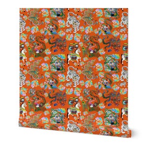 Japanese Chinoiserie Wallpaper - Orange Blue Japanese Art Printed Wallpaper, Pre Pasted Wallpaper