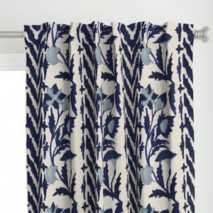 Folk Floral Stripe Curtain Panel - Floral Stripes Blue - Large Scale Blue Tan Printed Custom Curtain Panel