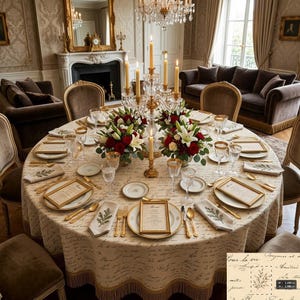 May include: A round dining table set for a formal meal with a cream-colored tablecloth featuring cursive script and botanical illustrations. The table includes gold-rimmed plates, menus in gold frames, crystal glassware, and a central candelabra.