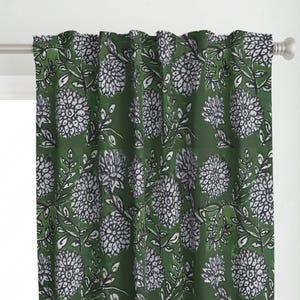 Green Indian Floral Curtain Panel - Block Print Floral - Green-White Floral Indian Block Printed Custom Curtain