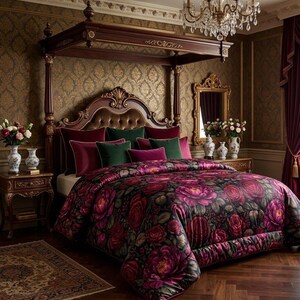 Op de afbeelding: Een luxe slaapkamer met een hemelbed met een bloemen dekbedovertrek in roze en rode tinten. Het bed is versierd met bordeauxrode en groene fluwelen kussens. Boven het bed hangt een kroonluchter en op de vloer ligt een patroonkleed.