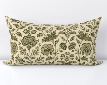 Cottage Floral Olive Accent Pillow Cover - Botanical Moody Vintage Printed Rectangle Lumbar Throw Pillow Cover