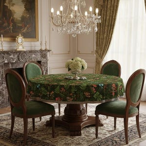 May include: A round dining table with a green forest-themed tablecloth, surrounded by four green velvet chairs with wooden frames. A crystal chandelier hangs above. The room features a fireplace, artwork, and patterned rug.
