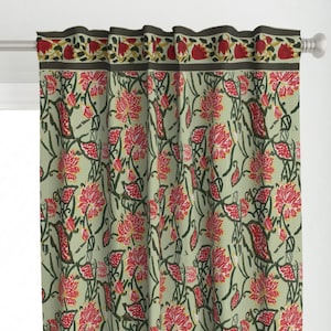 Green Beautiful Salmon Curtain Panel - Block Print Floral - Aqua Green Indian Block Custom Curtain