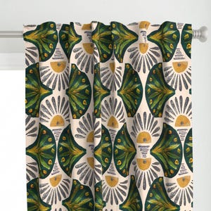 Panel de cortina Art Déco Sunset - Art Déco - Cortina maximalista tropical con abanicos verde esmeralda, dorado, verde oscuro, bohemio, estampado personalizado, juego de 2 fotos