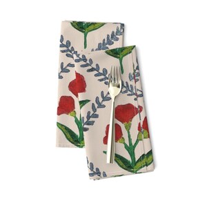 Flowers Trelllis Dinner Napkins (Set of 2) - Red And Beige Block Print Flowers Printed Cloth Napkins
