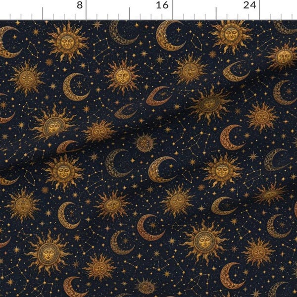 Celestial Sun & Moon Fabric - Dark Baroque Printed Fabric By The Yard