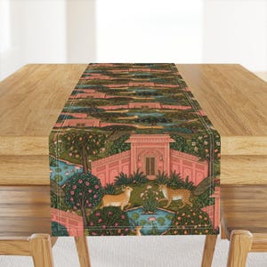 Whimsical Scene  Table Runner - Prowling Leopards - Pink Hued Buildings In Rajasthan Printed Table Runner