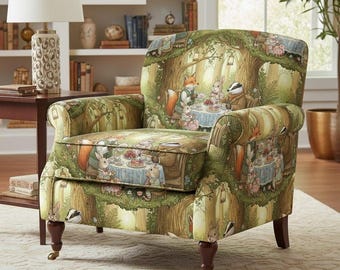 Whimsical Forest Upholstery Fabric - Animals Having A Tea Party In Forest Printed Upholstery Fabric By The Yard