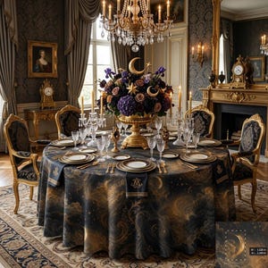 May include: A formal dining table set for a special occasion. The table is covered with a dark blue and gold celestial-themed tablecloth. The centerpiece is a large gold vase filled with flowers and celestial decorations. Gold-rimmed plates and silverware complete the elegant setting.