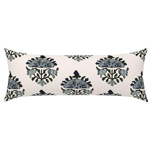 Preppy Blue Floral XL Lumbar Pillow Cover - Medallion Blue - Jaipur Motif Farmhouse Chic Printed Extra Large Rectangle Lumbar Pillow Cover