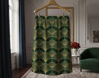 Art Deco Fabric - Art Deco Emerald Green Thin Gold Fans - 1920s Printed Fabric By The Yard