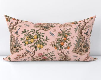 Chinoiserie Pink Botanical Accent Pillow Cover - Nature Oranges Lemons Birds Printed Rectangle Lumbar Throw Pillow Cover