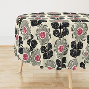 Mid Century Modern Tablecloth - Sunflowers - Retro Floral Large Scale Neutral Cream Printed Tablecloth