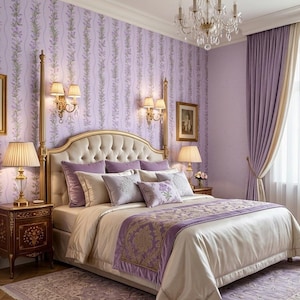 Puede incluir: Un dormitorio de lujo en tonos lavanda y crema, con una cama grande con cabecero y ropa de cama color crema. La habitación incluye cortinas y papel pintado a juego. Un candelabro de cristal cuelga del techo y lámparas en las mesitas de noche.