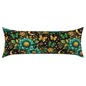 May include: A rectangular body pillow featuring a black background with a repeating pattern of teal flowers, gold roses, green and gold butterflies, crescent moons, and small stars. The design covers the entire surface of the long pillow.