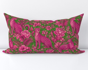 Chinoiserie Fuschia Tiger Accent Pillow Cover - Jungle Hot Pink Bright Neon Tiger Printed Rectangle Lumbar Throw Pillow Cover