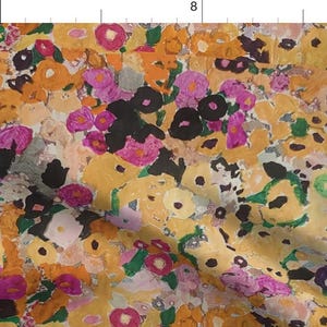 May include: Abstract floral pattern with pink, yellow, and black flowers on a white background. The flowers are painted in a loose, expressive style.