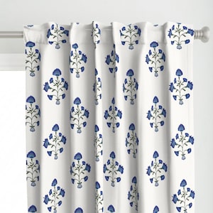 Blue Floral Curtain Panel - Mughal Blue - Indian Traditional Blue Flower Block Print Printed Custom Curtain