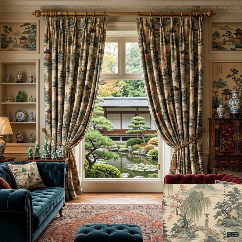 Japanese Garden Curtain - Traditional Asian Landscape Printed Custom ...