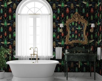Dark & Colorful Beetle Wallpaper - Vintage Insect Entomology Printed Wallpaper, Peel And Stick Wallpaper
