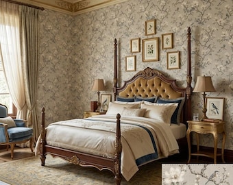 Elegant Birds and Magnolia Wallpaper - Vintage Floral Gray Background Printed Removable Peel And Stick Wallpaper