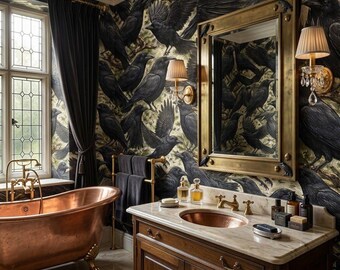 May include: A luxurious bathroom with a copper bathtub, a wooden vanity with a copper sink, and a large gold-framed mirror. The wallpaper features a repeating pattern of black crows. The room is illuminated by sconces and natural light from a window.