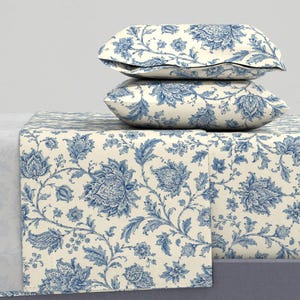 Blue Floral Chintz Sheets - Traditional Floral Cream Light Blue Botanical Garden Printed Cotton Sheet Set Bedding