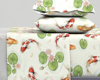 Tranquil Water Lily Sheets - Koi Fish - Water Lilies And Koi Fish Printed Cotton Sheet Set Bedding