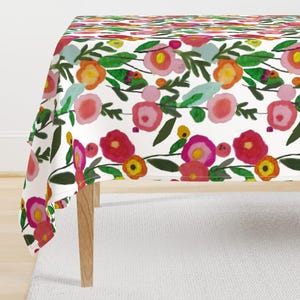 Bold Botanical Tablecloth - White Wildflowers - Meadow Blue Cream Orange Bright Colors Wildflower Printed Tablecloth