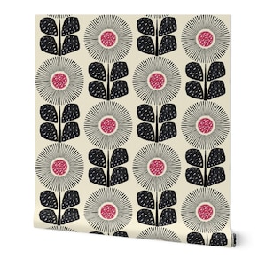 Mid Century Modern Wallpaper - Sunflowers - Retro Floral Large Scale Neutral Cream Printed Wallpaper, Pre Pasted Wallpaper