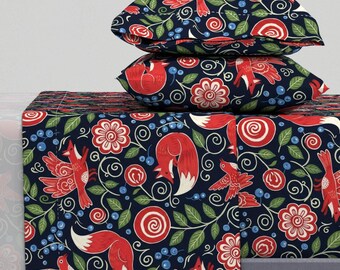 Scandi Rustic Sheets - Floral Fox Maximalist Folk Art Style - Enchanted Forest Large Printed Cotton Sheet Set Bedding