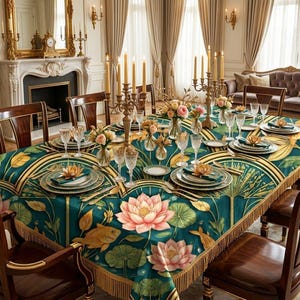 Puede incluir: Una mesa de comedor preparada para una comida formal. El mantel turquesa presenta un diseño de flor de loto y peces. Platos con borde dorado, copas de cristal y centros de mesa florales completan el escenario. La mesa está rodeada de sillas de madera.