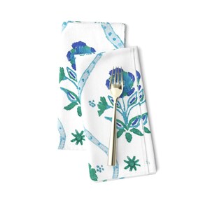Sweet Green-Blue Floral Dinner Napkins (Set of 2) - Floral Stripe Green And Blue - Antique Stripe Pink White Printed Cloth Napkins
