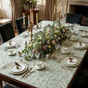 May include: A formal dining table set for a special occasion. The table is covered with a patterned tablecloth and set with plates, cups, and silverware. Decorative bird figurines and floral arrangements adorn the table, along with lit candles.