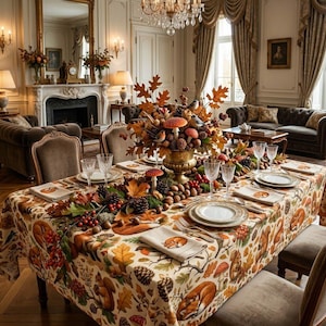 Op de afbeelding: Een prachtig gedekte eettafel met een herfstthema. De tafel is bedekt met een tafelkleed met vossen, bladeren en eikels. Een centerpiece van bladeren, paddenstoelen en bessen staat in een gouden vaas. De couverts omvatten borden, servetten en glazen.