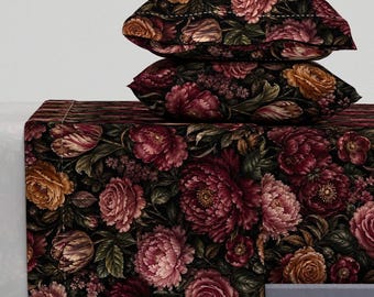 Dark Floral Sheets - Pink Flower Printed Cotton Sheet Set Bedding