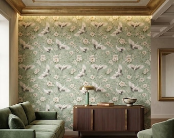 Crane Floral Serene Skies Wallpaper - Mint Green Ivory Printed Removable Peel And Stick Wallpaper
