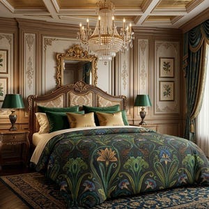 May include: A luxurious bedroom featuring a large bed with a floral patterned comforter in shades of green, blue, and gold. The room includes a gold chandelier, ornate wooden headboard, and matching bedside lamps. The walls are paneled with decorative trim.