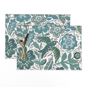 Swallows And Moonflowers Placemats (Set of 2) - Blue Floral - Block Print Birds Hand Drawn Stamp Printed Cloth Placemats