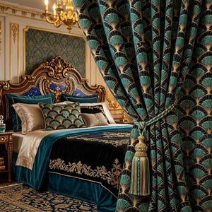 Puede incluir: Un dormitorio lujoso con una cama grande con un edredón de terciopelo azul oscuro con bordados dorados. Cortinas estampadas en verde azulado y dorado atadas con una borla. Una lámpara de araña dorada cuelga sobre la cama.