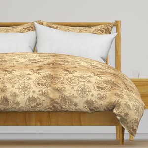 Dragon Cartography Bedding - Fantasy Map - Sorcery Swords Fantasy Sepia Map Dragons Playful Printed Duvet Cover OR Pillow Shams