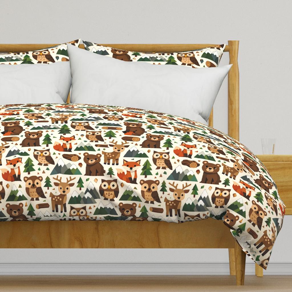 Woodland Wildwood Fauna Bedding - Forest Critters Deer Fox Owl Bear Printed Duvet Cover OR Pillow Sh