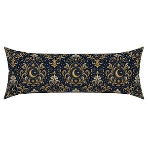 May include: A long rectangular body pillow featuring a dark navy blue background with a repeating pattern of gold and cream-colored ornate damask flourishes, crescent moons, and small twinkling stars across the entire fabric surface.